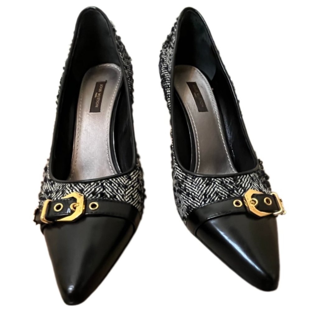 Louis Vuitton Black Leather Tweed Heels Size 37.5 - Picture 2 of 13
